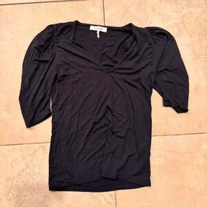 FRAME Black V Neck Puff Sleeve Top XS Draped Front 3/4 Sleeve Minimalist Blouse